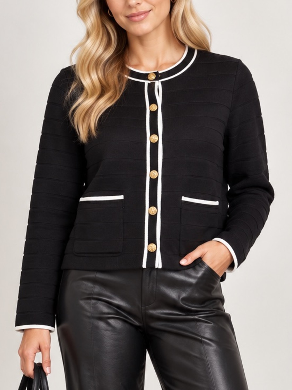 River Island Black Cardigan Jacket with White Trim and Gold Buttons